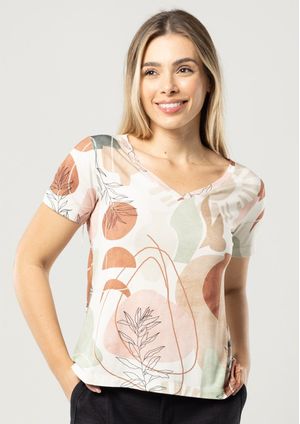 Blusa Manga Curta Pau a Pique Estampada Bege