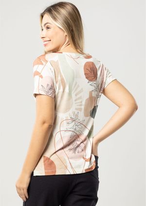 Blusa Manga Curta Pau a Pique Estampada Bege