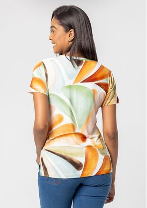 Blusa Manga Curta Pau a Pique Estampada Laranja