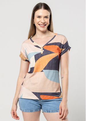 Blusa Pau a Pique Estampada Azul e Laranja