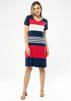 Vestido Manga Curta Pau a Pique Listrado Vermelho