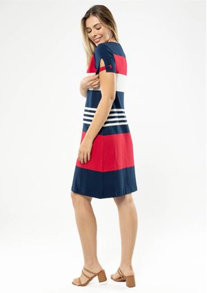 Vestido Manga Curta Pau a Pique Listrado Vermelho
