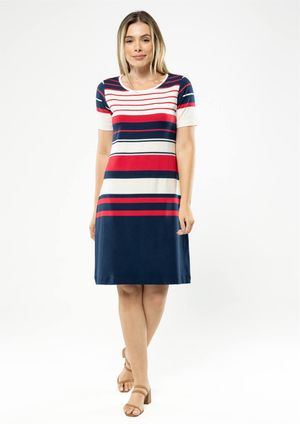 Vestido Manga Curta Pau a Pique Listrado Azul Marinho