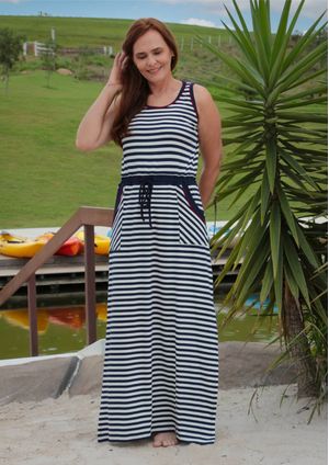 Vestido Longo Pau a Pique Regata Listrado Azul Marinho