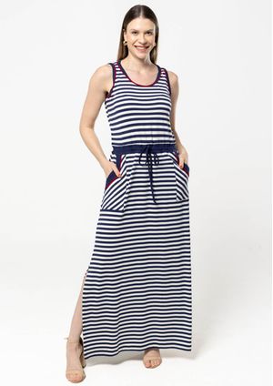 Vestido Longo Pau a Pique Regata Listrado Azul Marinho