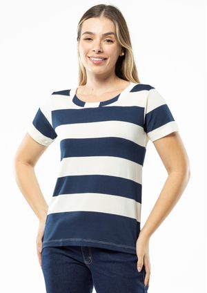 Blusa Manga Curta Pau a Pique Listrada Azul Marinho