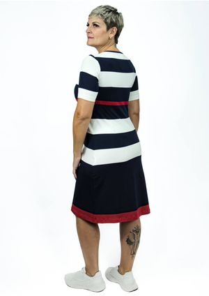 Vestido Manga Curta Pau a Pique Listrado Azul Marinho