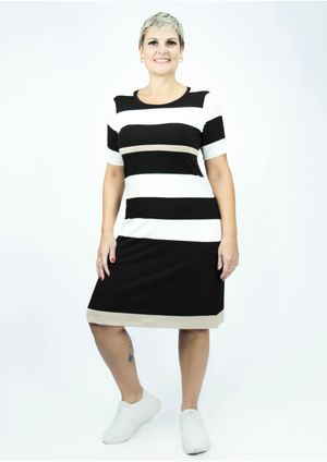 Vestido Pau a Pique Manga Curta Listrado Preto