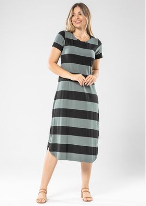 Vestido Midi Pau a Pique Listrado Cinza
