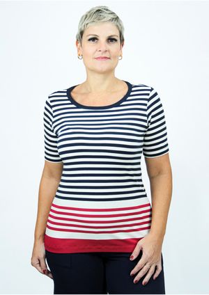 Blusa Manga Curta Pau a Pique Listrada Azul Marinho