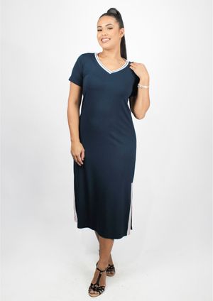 Vestido Midi Pau a Pique Básico Azul Marinho