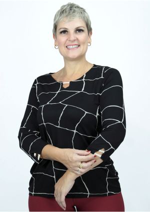 Blusa Manga 3/4 Pau a Pique Estampada Preto