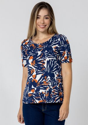 Blusa Pau a Pique Estampada Azul Marinho