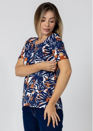 Blusa Pau a Pique Estampada Azul Marinho