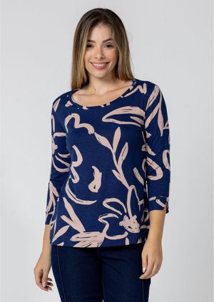 Blusa  Pau a Pique Estampada Azul Marinho