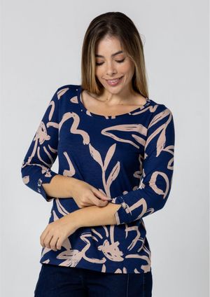 Blusa  Pau a Pique Estampada Azul Marinho