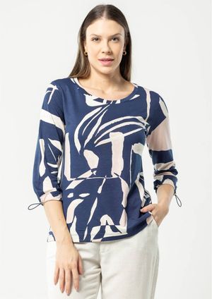 Blusa Manga 3/4 Pau a Pique Estampada Azul Marinho