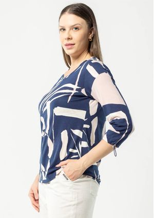 Blusa Manga 3/4 Pau a Pique Estampada Azul Marinho