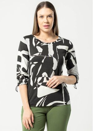 Blusa Manga 3/4 Pau a Pique Estampada Preto