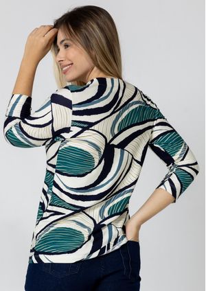 Blusa 3/4 Pau a Pique Estampada Azul Marinho
