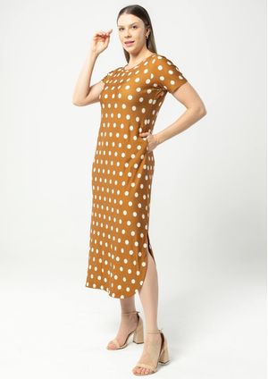 Vestido Midi Pau a Pique Poá Marrom Claro