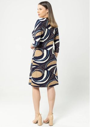 Vestido 3/4 Pau a Pique Estampado Azul Marinho