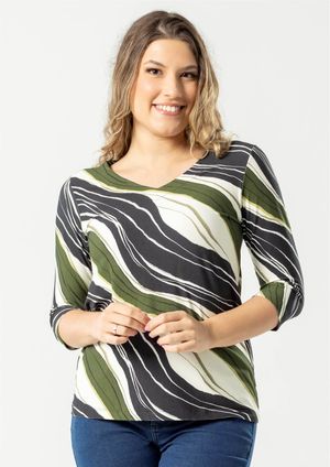 Blusa 3/4 Pau a Pique Estampada Verde