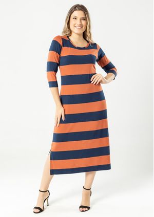 Vestido 3/4 Pau a Pique Listrado Azul Marinho