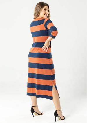 Vestido 3/4 Pau a Pique Listrado Azul Marinho