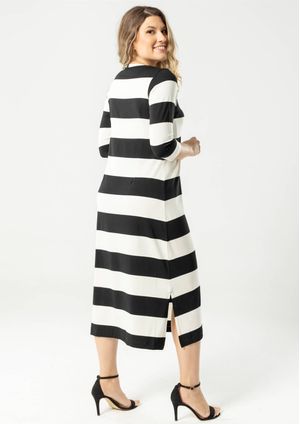 Vestido 3/4 Pau a Pique Listrado Off White