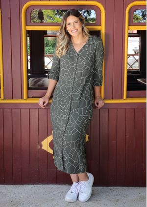 Vestido Chemise Pau a Pique Estampado Verde