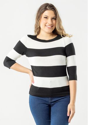 Blusa Modal 3/4 Pau a Pique Listrada Preto/Off White
