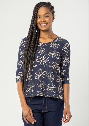 Blusa Manga 3/4 Pau a Pique Estampada Azul Marinho