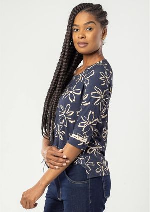 Blusa Manga 3/4 Pau a Pique Estampada Azul Marinho