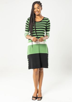 Vestido Mangas 3/4 Pau a Pique Listrado Verde