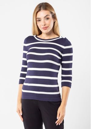 Blusa Modal Pau a Pique Manga 3/4 Listrada Marinho/Off White