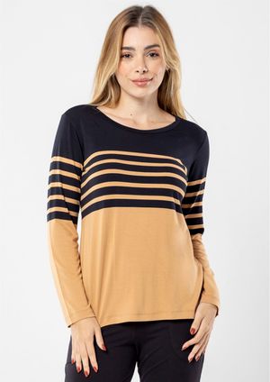 Blusa Pau a Pique Manga Longa Listrada Marrom Claro