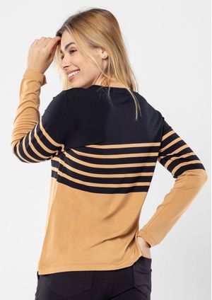 Blusa Pau a Pique Manga Longa Listrada Marrom Claro