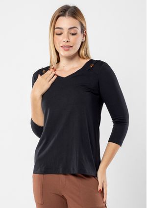 Blusa Pau a Pique Básica Manga 3/4 Preto