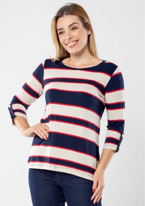 Blusa Pau a Pique Manga 3/4 Listrada Azul Marinho