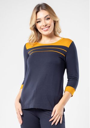 Blusa 3/4 Pau a Pique Básica Azul Marinho