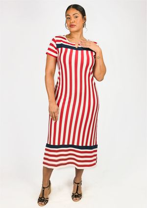 Vestido Midi Pau a Pique Listrado Vermelho e Marinho