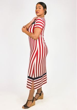 Vestido Midi Pau a Pique Listrado Vermelho e Marinho