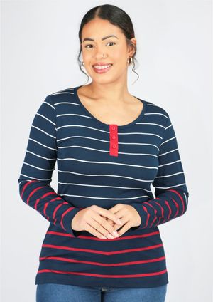 Blusa Manga Longa Listrada Azul marinho e Vermelho