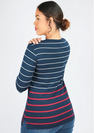 Blusa Manga Longa Listrada Azul marinho e Vermelho