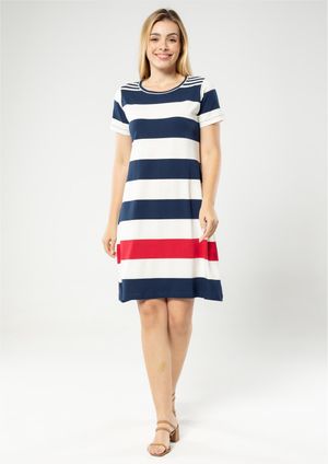 Vestido Manga Curta Listrado Azul Marinho