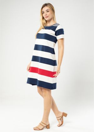 Vestido Manga Curta Listrado Azul Marinho
