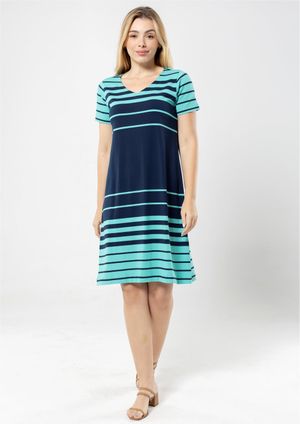 Vestido Manga Curta Listrado Azul e Marinho