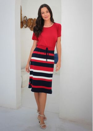 Saia Listrada Pau a Pique Azul Marinho e Vermelho