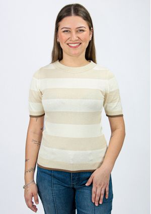 Blusa Manga Curta Pau a Pique Modal Listrada Bege